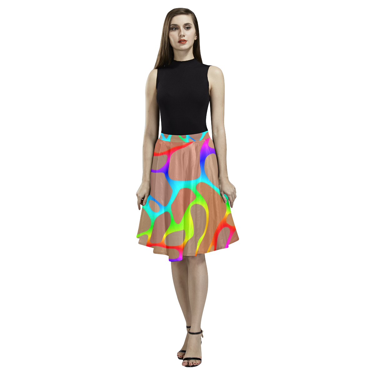 Colorful wavy shapes Melete Pleated Midi Skirt (Model D15)