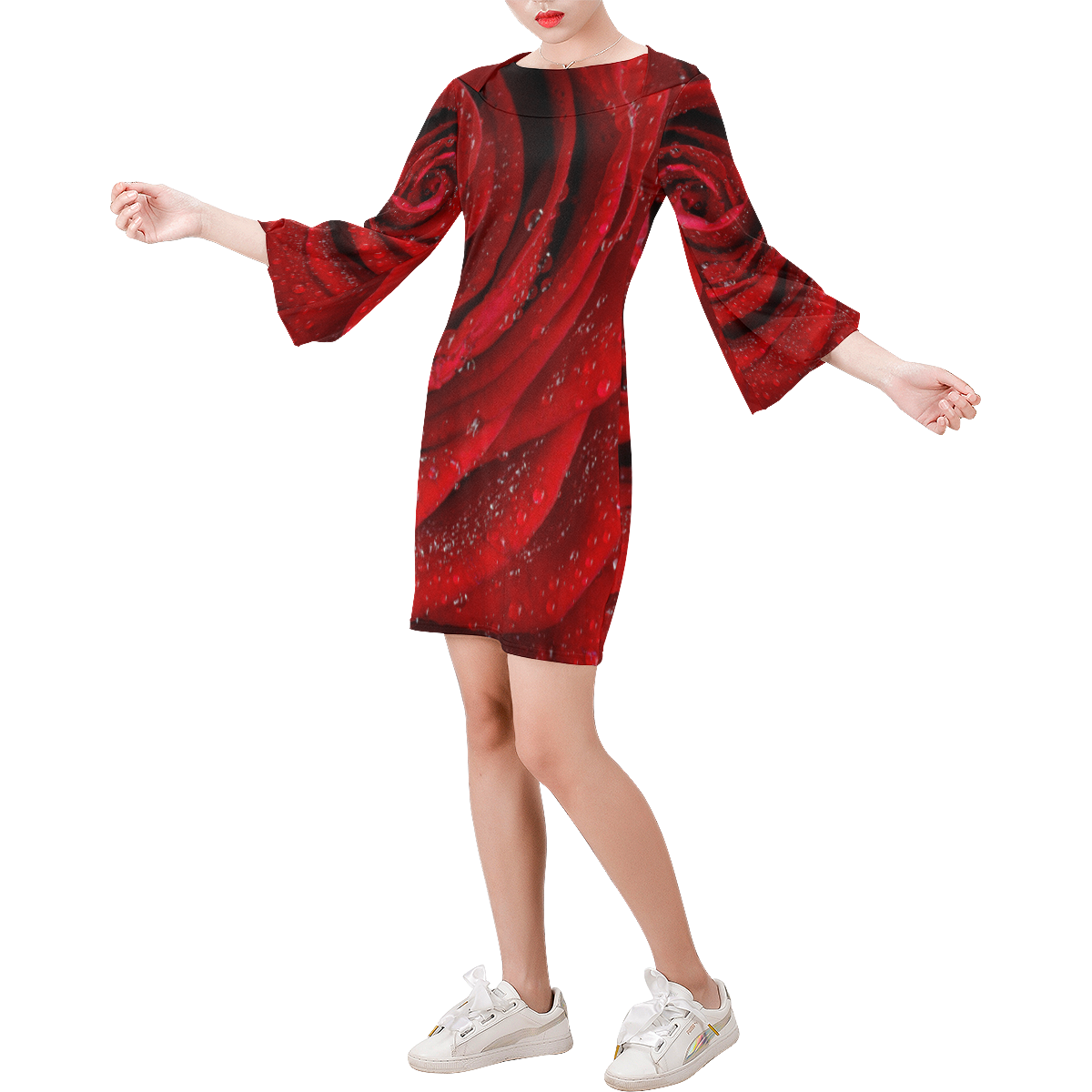 Red rosa Bell Sleeve Dress (Model D52)