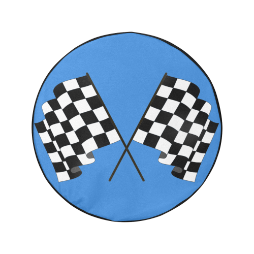 Checkered Race Flags on Black and Blue 34 Inch Spare Tire Cover