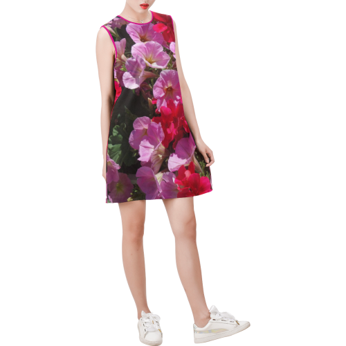 wonderful pink flower mix by JamColors Sleeveless Round Neck Shift Dress (Model D51)