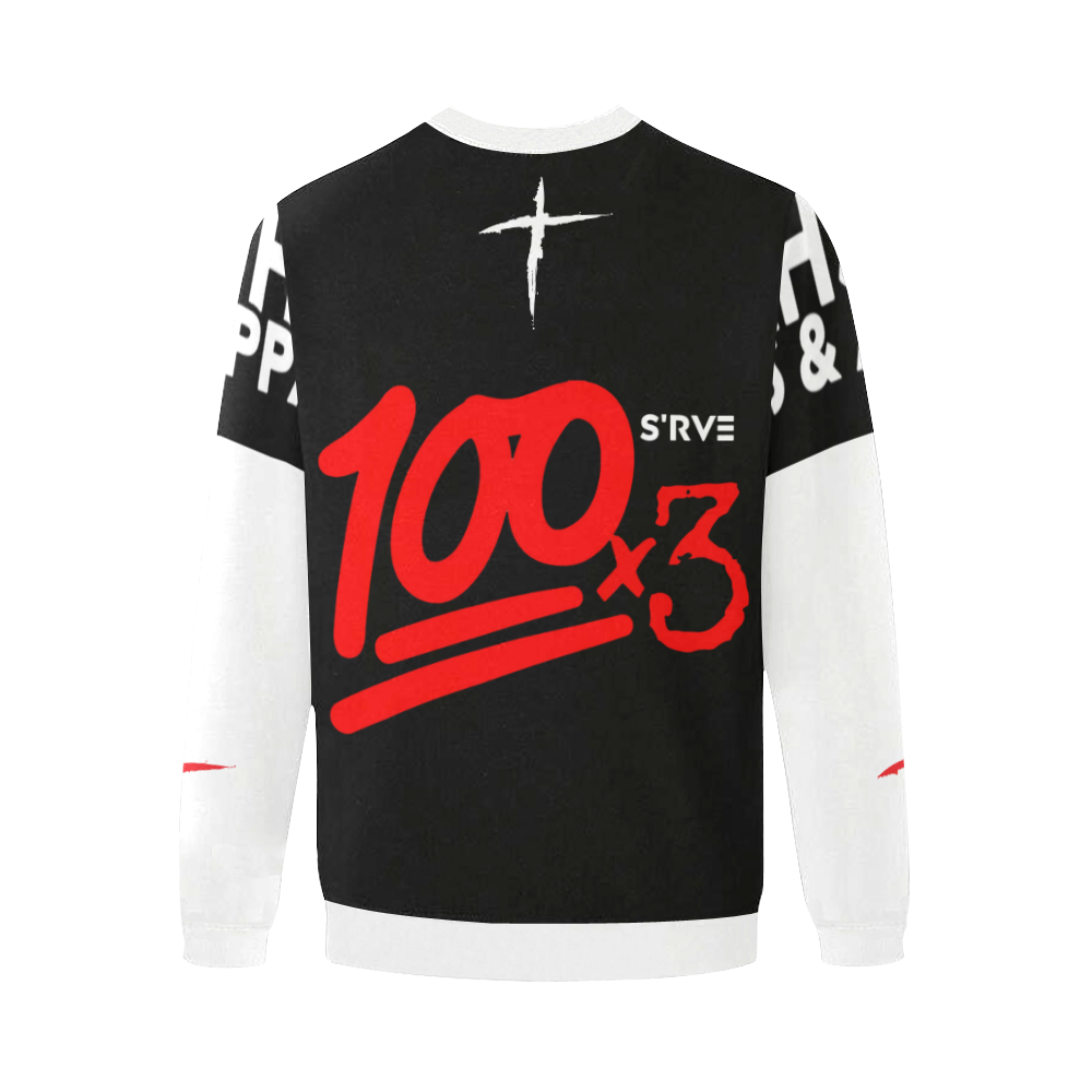 100x3 (Black White) Men's Oversized Fleece Crew Sweatshirt/Large Size(Model H18)