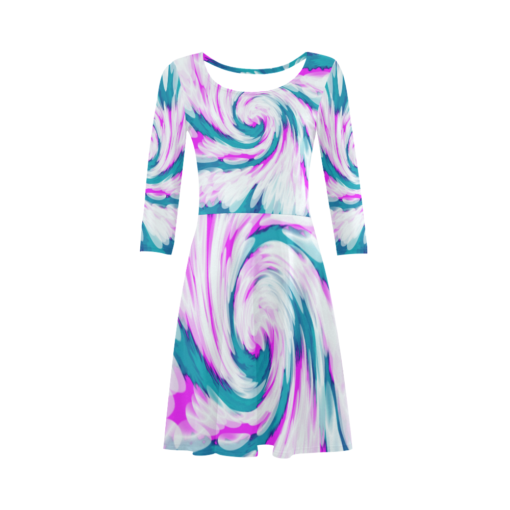 Turquoise Pink Tie Dye Swirl Abstract 3/4 Sleeve Sundress (D23)