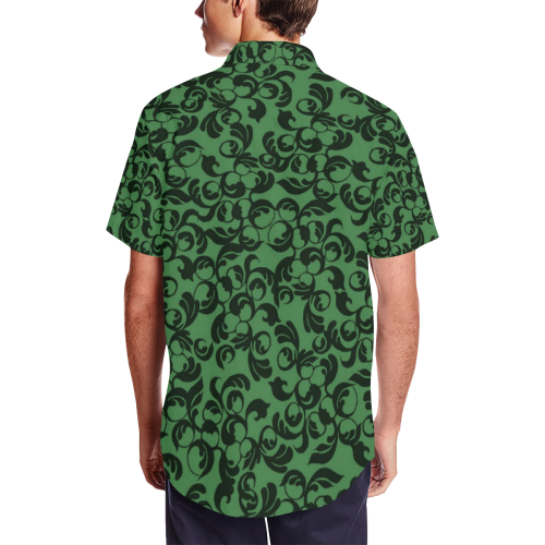 Luciferian Devil Green Leaf Pattern Satin Dress Shirt Men's Short Sleeve Shirt with Lapel Collar (Model T54)
