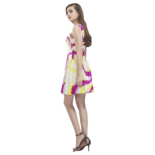 Pink Yellow Tie Dye Swirl Abstract Thea Sleeveless Skater Dress(Model D19)