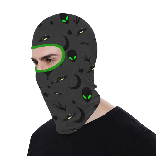 Alien Flying Saucers Stars Pattern on Charcoal/Green Trim All Over Print Balaclava