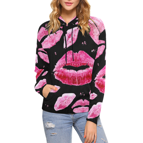 Kisses All Over (Black) All Over Print Hoodie for Women (USA Size) (Model H13)