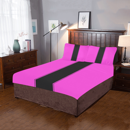 Racing Stripe Center Black with Pink 3-Piece Bedding Set