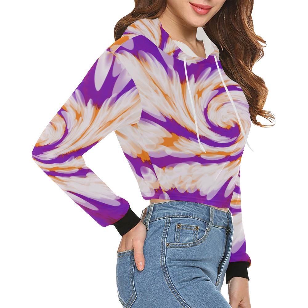 Purple Orange Tie Dye Swirl Abstract All Over Print Crop Hoodie for Women (Model H22)