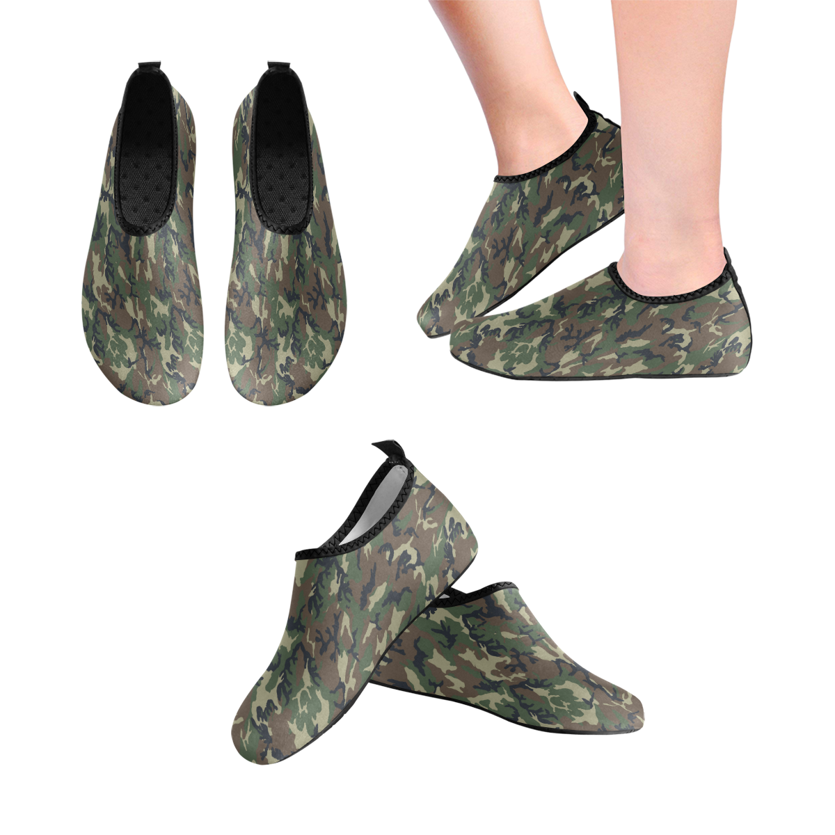 Woodland Forest Green Camouflage Kids' Slip-On Water Shoes (Model 056)