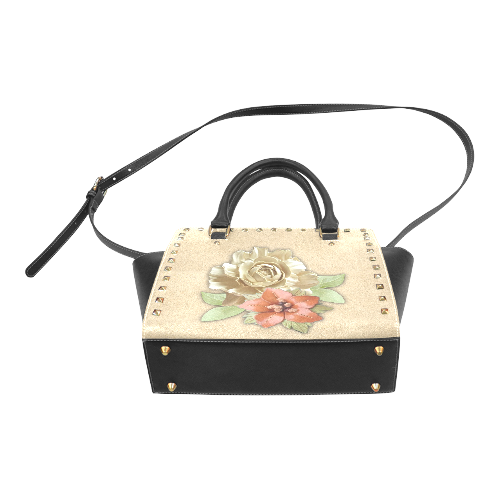 leather flower art Rivet Shoulder Handbag (Model 1645)