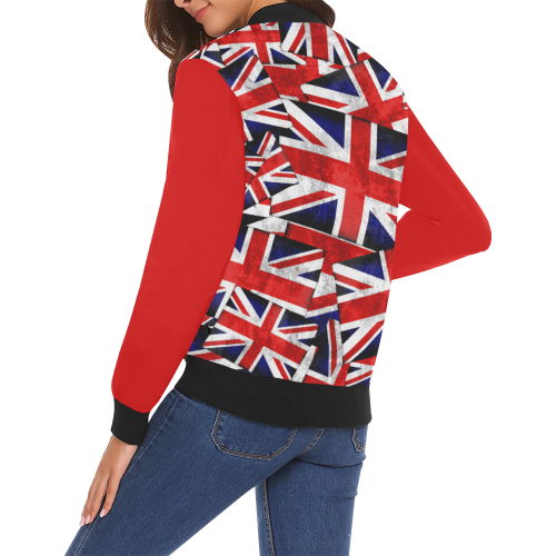 Union Jack British UK Flag (Vest Style) Red All Over Print Bomber Jacket for Women (Model H19)