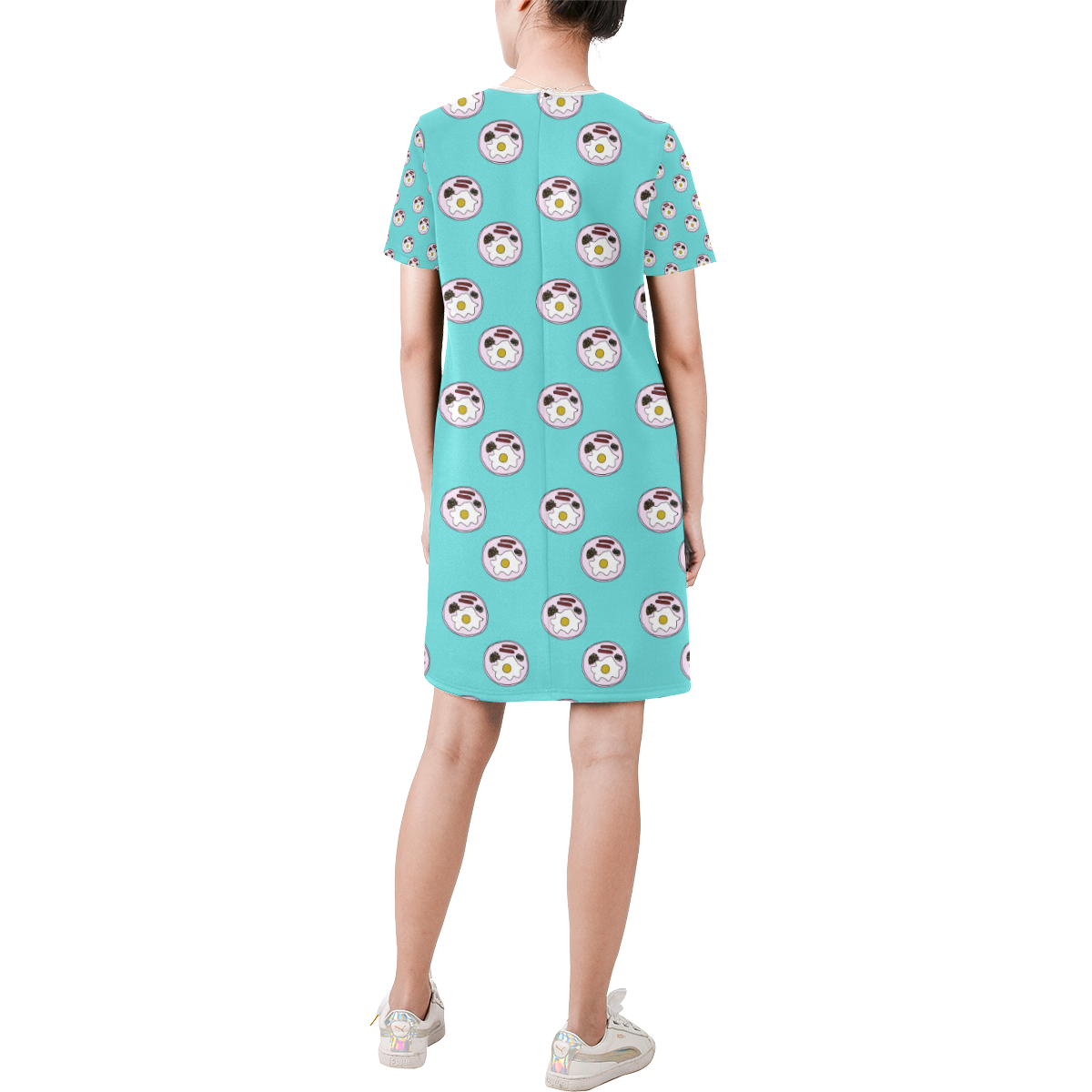 english breakfast aqua Short-Sleeve Round Neck A-Line Dress (Model D47)