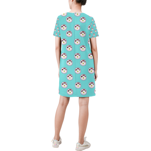english breakfast aqua Short-Sleeve Round Neck A-Line Dress (Model D47)