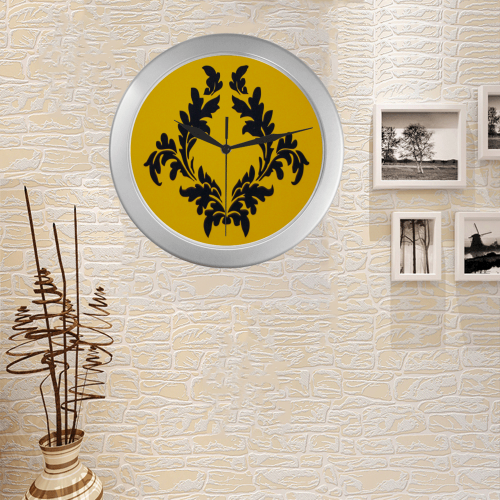 Silver Frame Wall Clock Classic Graphic Yellow Victorian Style Modern Art Wall Clock Silver Color Wall Clock