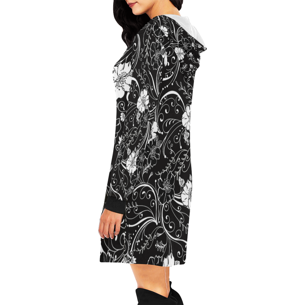 Juleez Hoodie Dress Black White Flower Juleez All Over Print Hoodie Mini Dress (Model H27)