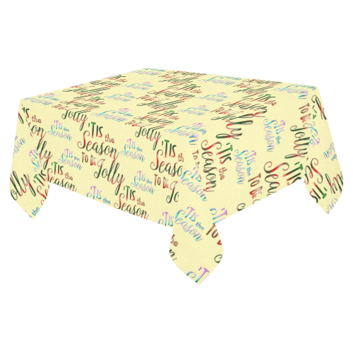 Christmas 'Tis The Season Pattern on Yellow Cotton Linen Tablecloth 52"x 70"