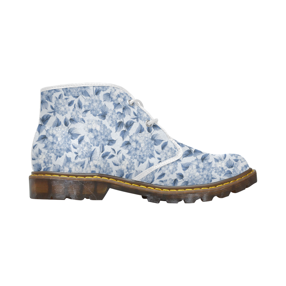 Blue and White Floral Pattern Women's Canvas Chukka Boots/Large Size (Model 2402-1)