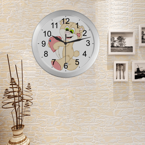Patchwork Heart Teddy Silver Color Wall Clock