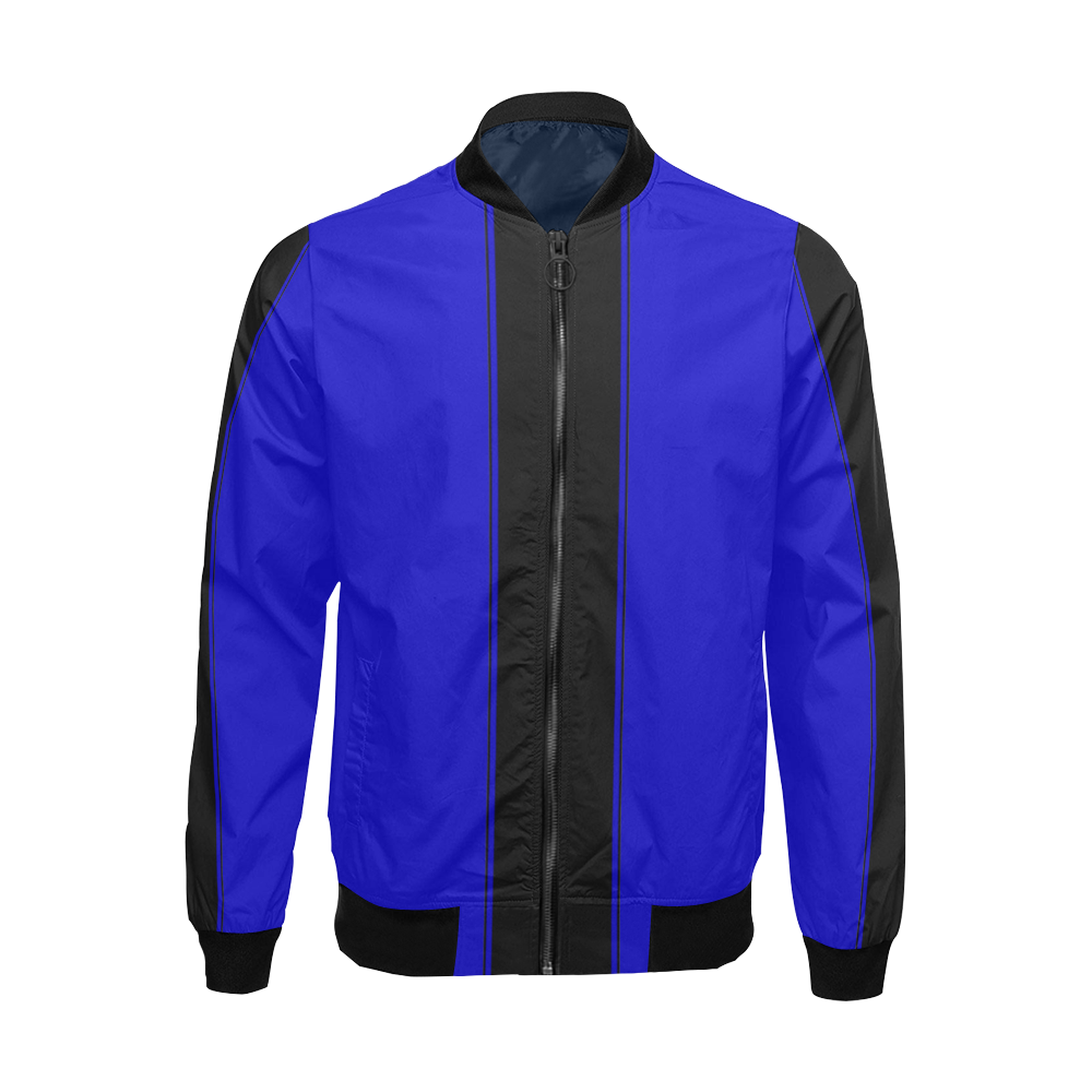 Racing Stripe Center Black and Blue All Over Print Bomber Jacket for Men (Model H19)