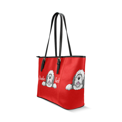 Sheepie Doodle grey & white- red Leather Tote Bag/Large (Model 1640)