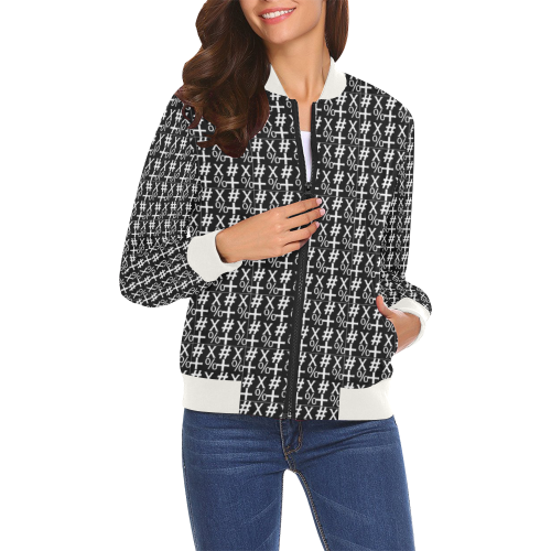 NUMBERS Collection Symbols Black/White/White All Over Print Bomber Jacket for Women (Model H19)
