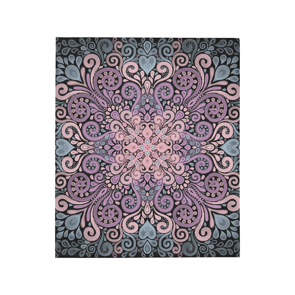 Pink, purple blue, Boho Ornate Watercolor Mandala Quilt 50"x60"