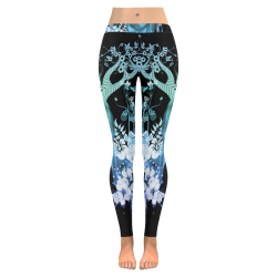 Awesome wolf with flowers Women's Low Rise Leggings (Invisible Stitch) (Model L05)