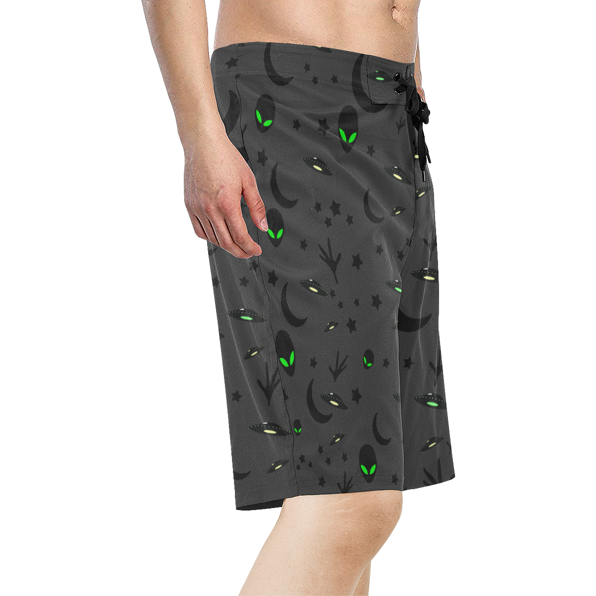 Alien Flying Saucers Stars Pattern on Charcoal Men's All Over Print Board Shorts (Model L16)