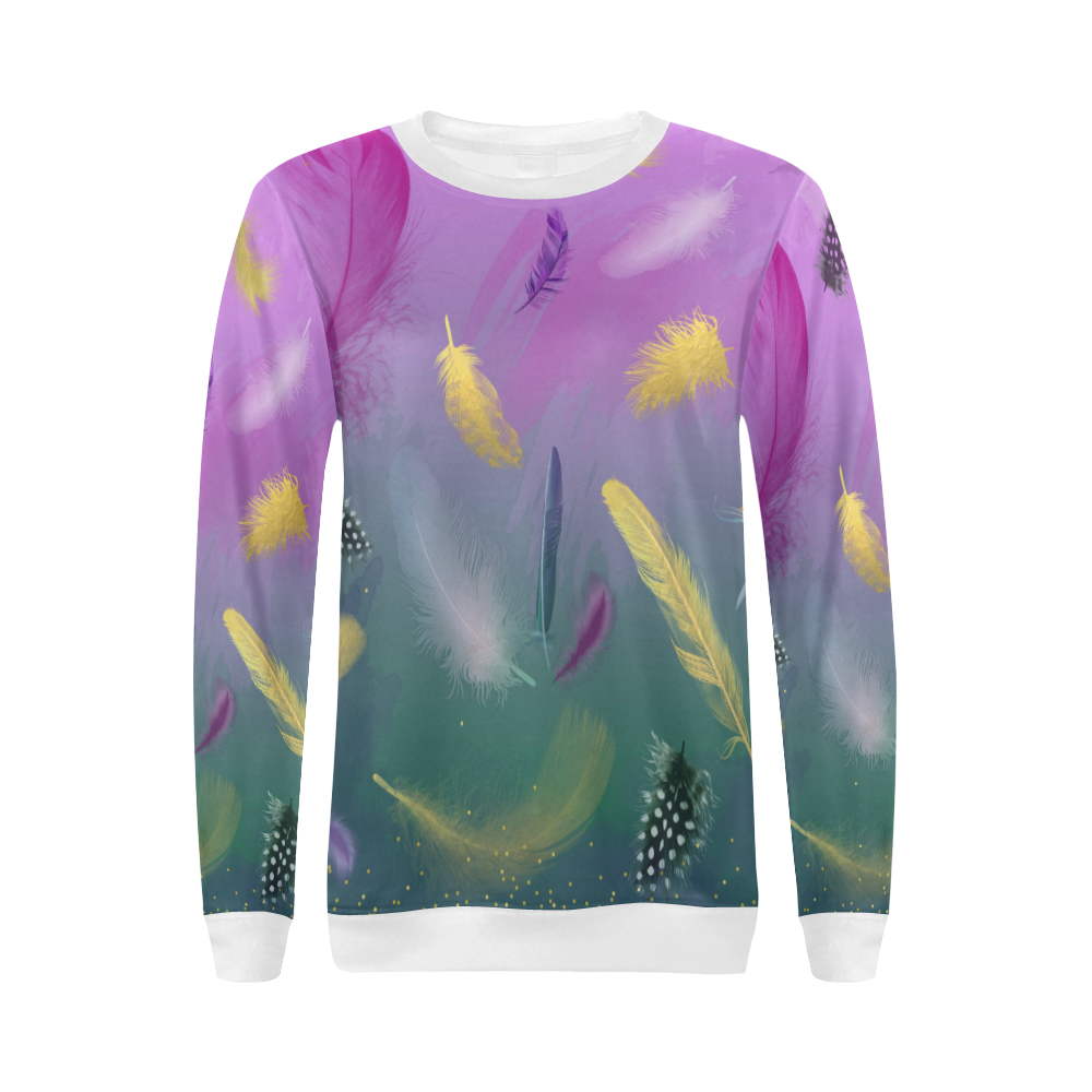 Dancing Feathers - Pink and Green All Over Print Crewneck Sweatshirt for Women (Model H18)