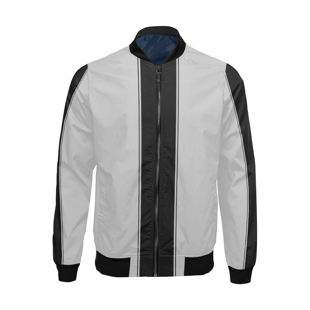 Racing Stripe Center Black and Sliver / Gray All Over Print Bomber Jacket for Men (Model H19)
