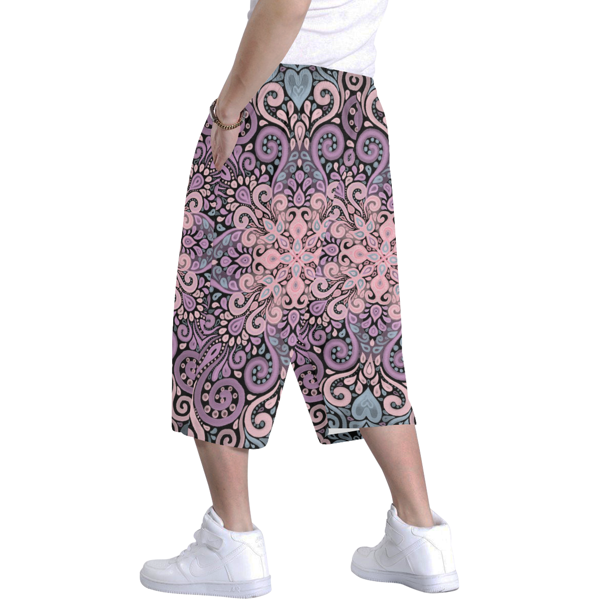 Pink, purple blue, Boho Ornate Watercolor Mandala Men's All Over Print Baggy Shorts (Model L37)