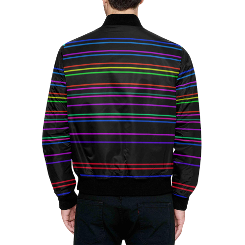 Bright Neon Stripes on Black All Over Print Quilted Bomber Jacket for Men (Model H33)