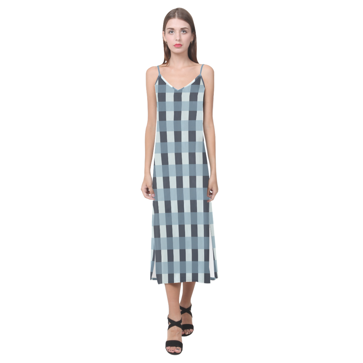 Tartan Turquoise V-Neck Open Fork Long Dress(Model D18)