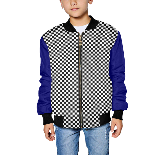Checkerboard Black and White / Blue Kids' All Over Print Bomber Jacket (Model H40)