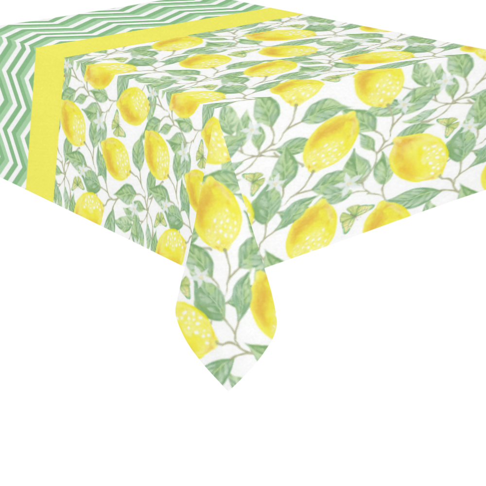 Lemons With Chevron 2 Cotton Linen Tablecloth 60"x 84"