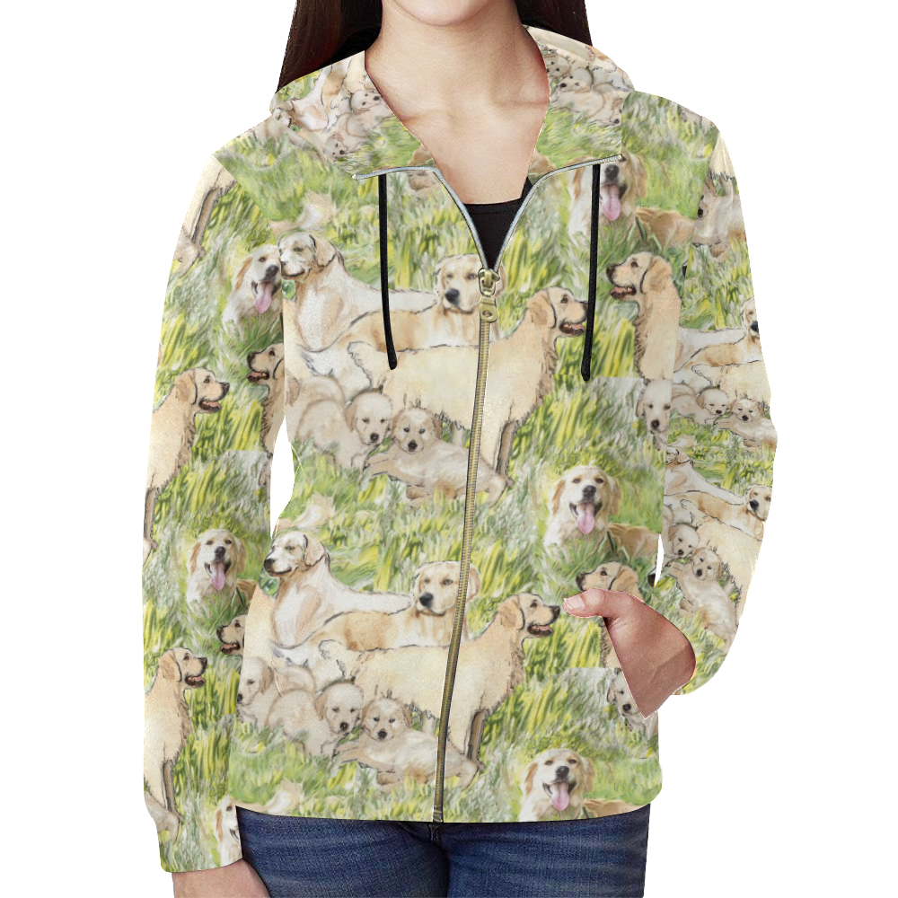 golden retrievers jacket All Over Print Full Zip Hoodie for Women (Model H14)