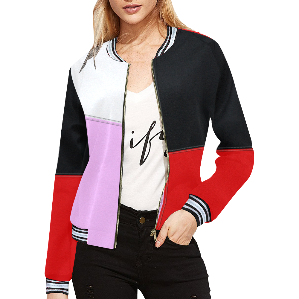Red, Black and Pink Blocks All Over Print Bomber Jacket for Women (Model H21)