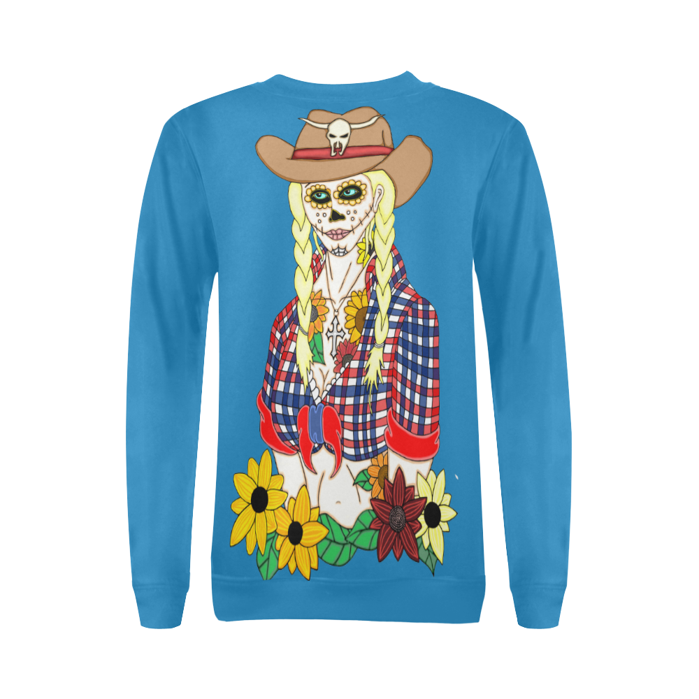Cowgirl Sugar Skull Turquoise All Over Print Crewneck Sweatshirt for Women (Model H18)