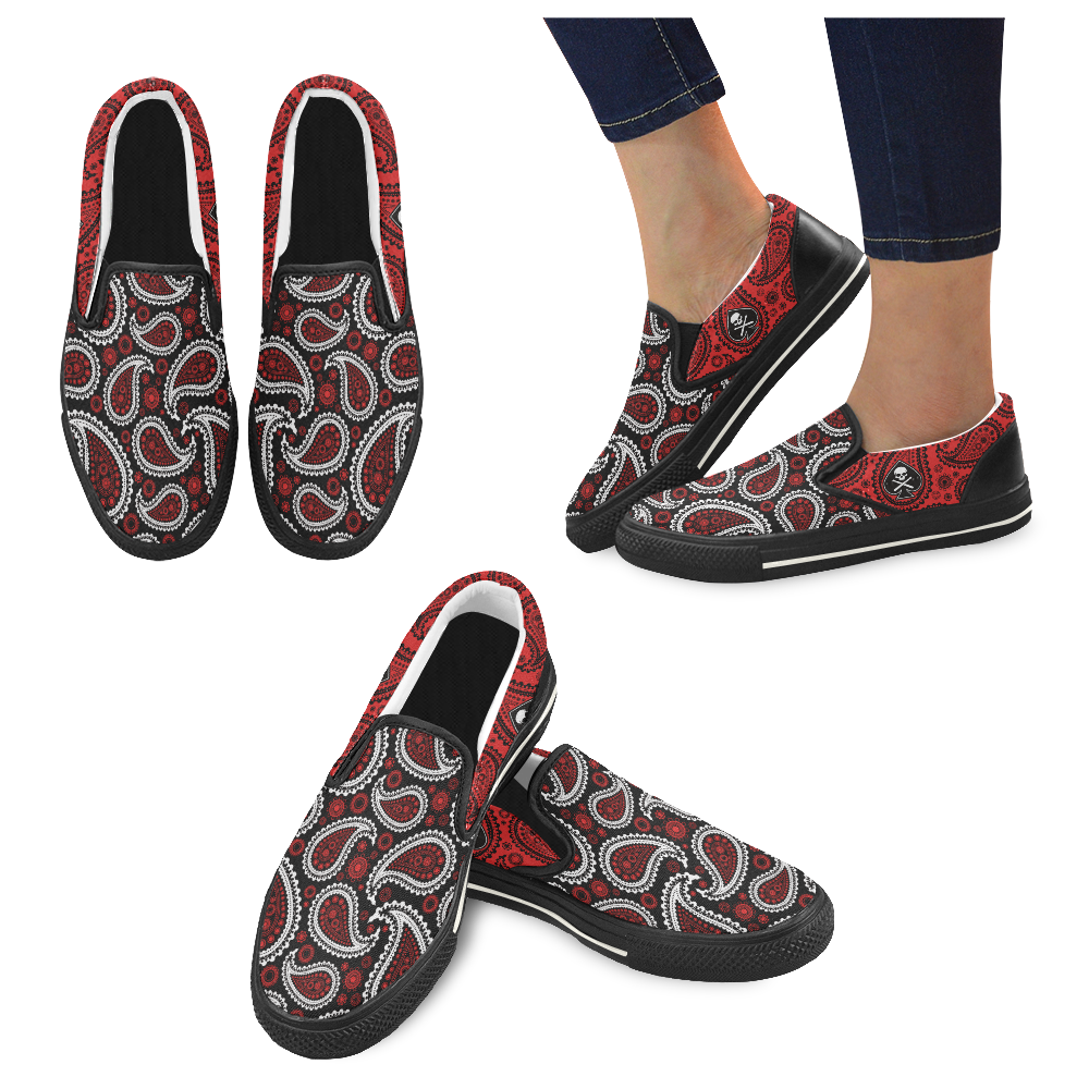 LADIES_PAISLEY_RED_BLK Women's Unusual Slip-on Canvas Shoes (Model 019)