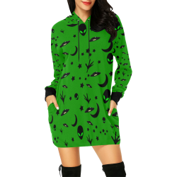 Alien Flying Saucers Stars Pattern on Green All Over Print Hoodie Mini Dress (Model H27)