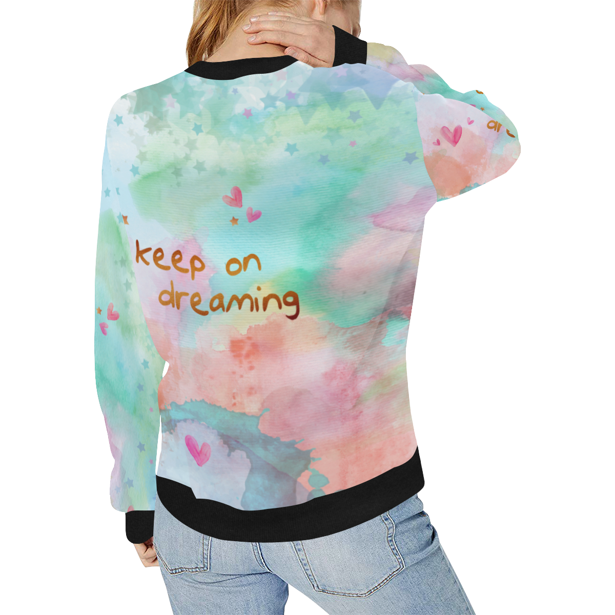 KEEP ON DREAMING Women's Rib Cuff Crew Neck Sweatshirt (Model H34)