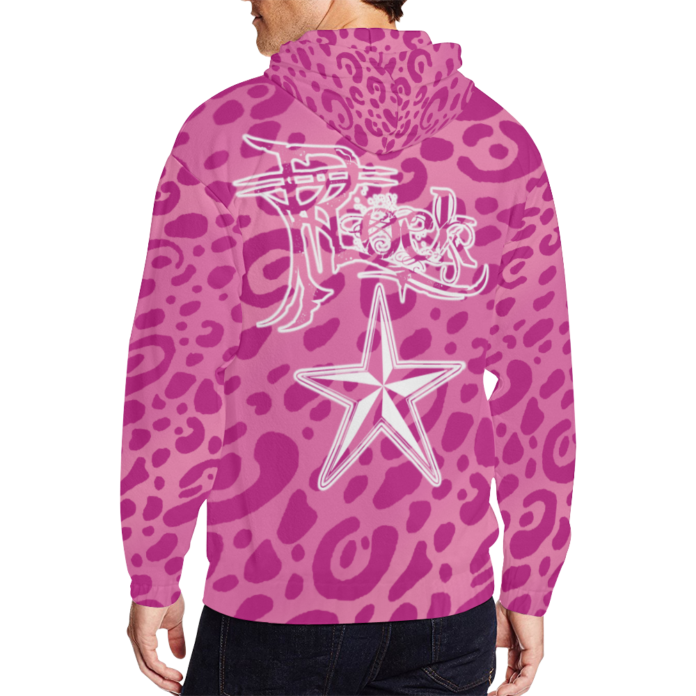 Pink Leopard Print Rock Star Hoodie All Over Print Full Zip Hoodie for Men (Model H14)