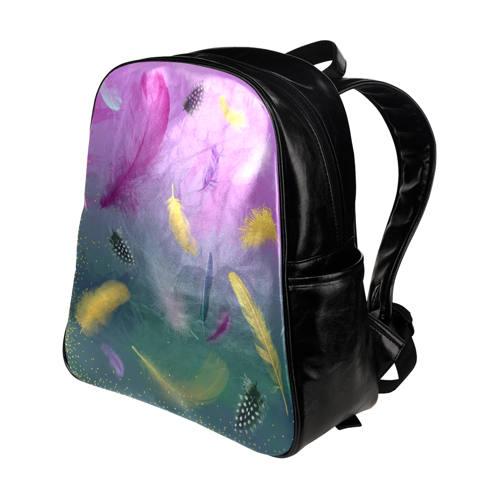 Dancing Feathers - Pink and Green Multi-Pockets Backpack (Model 1636)