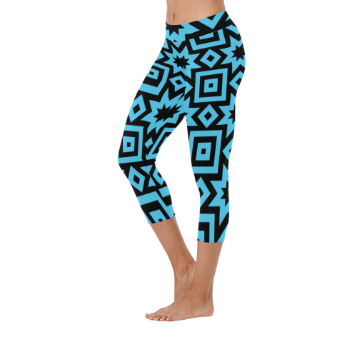 Blue/Black Geometric Pattern Women's Low Rise Capri Leggings (Invisible Stitch) (Model L08)