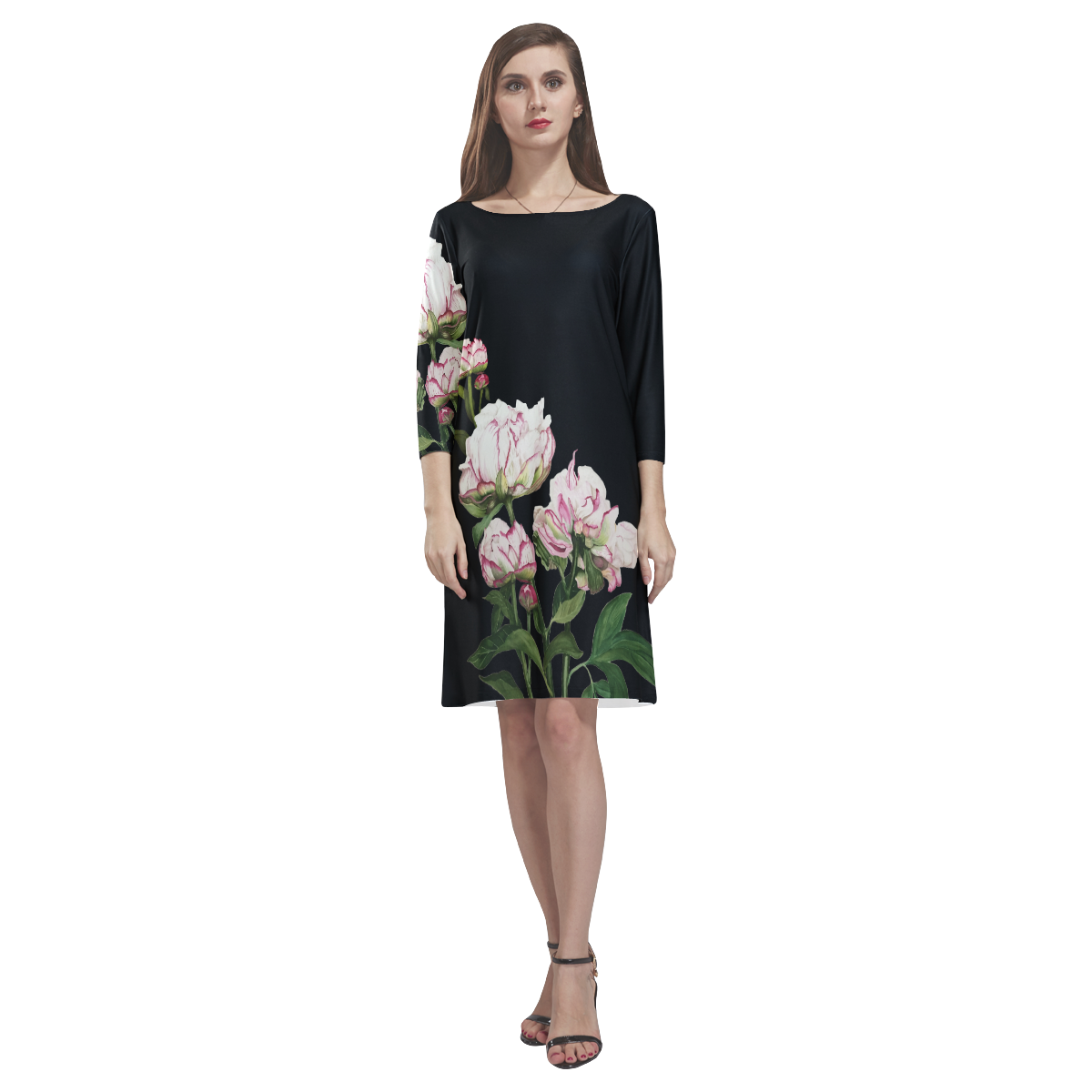 VUR peony on black Rhea Loose Round Neck Dress(Model D22)