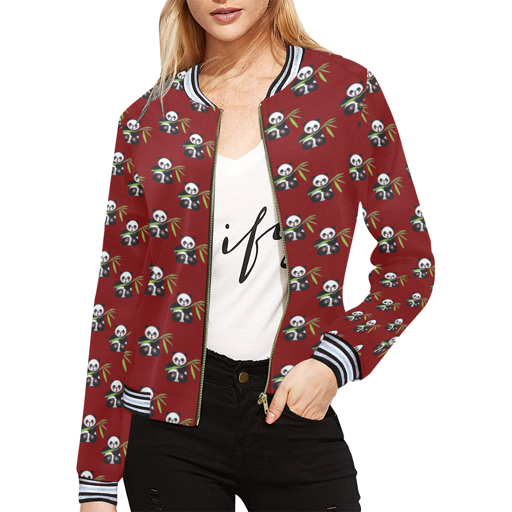 panda with bamboo red All Over Print Bomber Jacket for Women (Model H21)