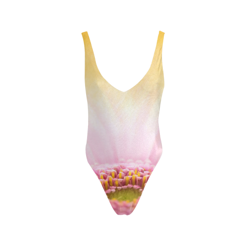 Gerbera Daisy - Pink Flower on Watercolor Yellow Sexy Low Back One-Piece Swimsuit (Model S09)