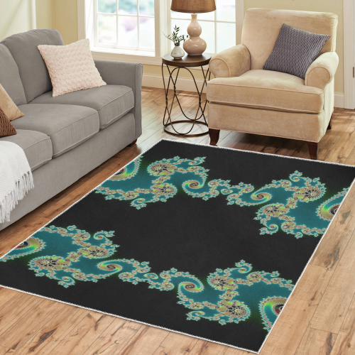 Aqua and Black  Hearts Lace Fractal Abstract Area Rug7'x5'