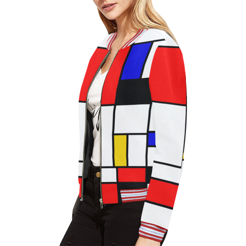 Bauhouse Composition Mondrian Style All Over Print Bomber Jacket for Women (Model H21)