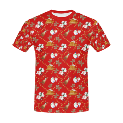 Christmas Gingerbread, Snowman, Reindeer and Santa Claus Red All Over Print T-Shirt for Men/Large Size (USA Size) Model T40)